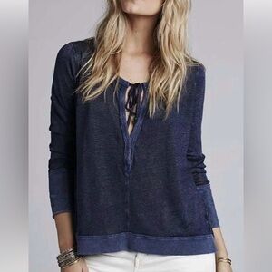 We The Free Navy Blue Linen Blend Long Sleeve Top, Small